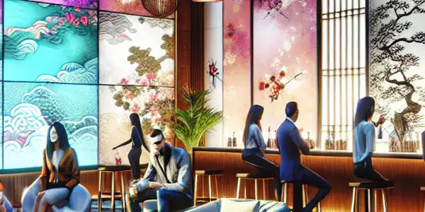 A modern digital lounge showcasing diverse individuals interacting in a sophisticated, intimate atmosphere with vibrant colors and abstract visuals.