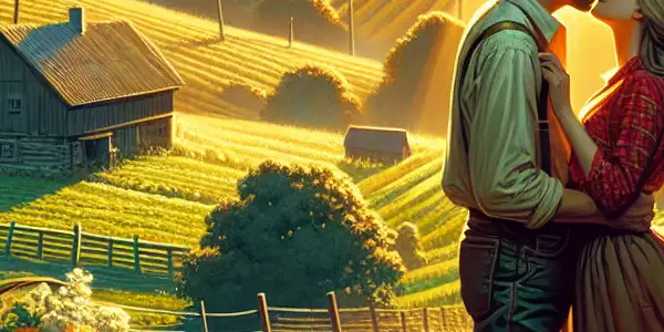 A romantic couple shares a tender moment in a sunlit countryside, surrounded by lush hills and wildflowers.