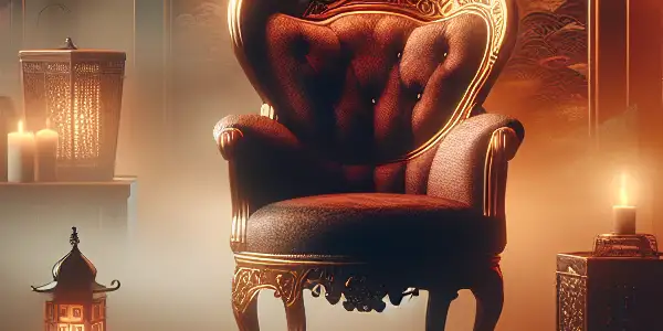 A dimly lit room featuring an ornate, eerie chair surrounded by antique furniture and hints of Japanese culture.