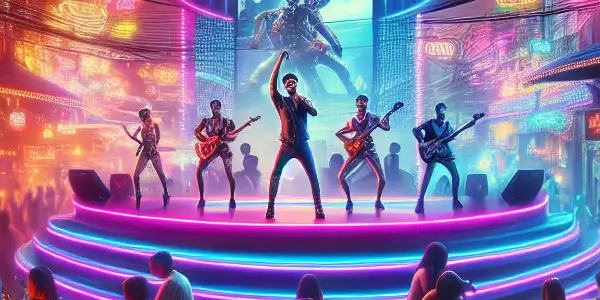 A vibrant Pattaya nightlife scene featuring a lively adult entertainment bar with dancers, neon lights, and diverse patrons.