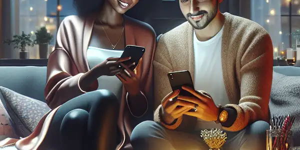 A cozy, dimly lit room with two individuals enjoying smartphones while watching adult content, surrounded by plush furnishings.