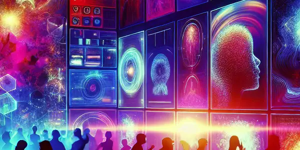 A vibrant, immersive adult-themed lounge filled with alluring multimedia screens and playful silhouettes of diverse people.