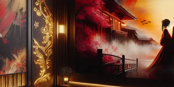 Luxurious cinema room featuring intimate couple silhouette, ambient lighting, and an abstract AV film scene.