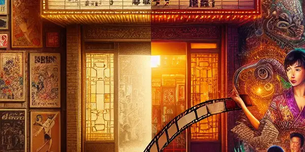 A split scene illustrating the evolution of adult cinema: vintage Western erotica on one side, modern Japanese AV on the other.