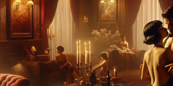 A passionate couple embraces in an opulent, dimly lit room, blending elegance with hints of eroticism and diverse cultural motifs.