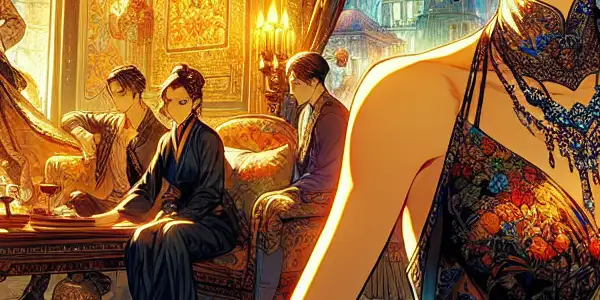 A confident character in a provocative outfit, set in a lush, intimate environment filled with rich details.