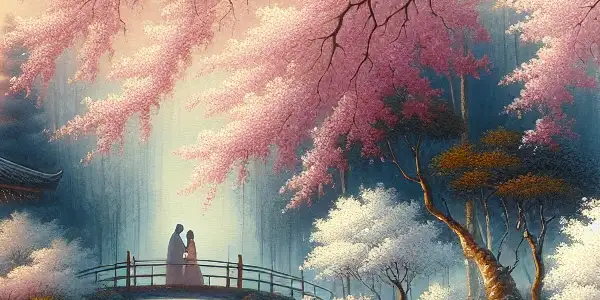 A romantic scene of a cherry blossom tree in a tranquil Japanese garden, with soft petals and intimate silhouettes.