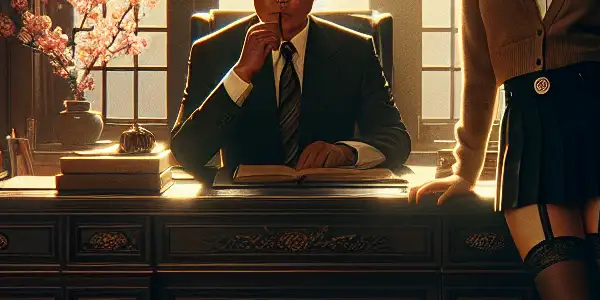 A powerful school principal and an alluring student share a moment of tension in an ornate office.