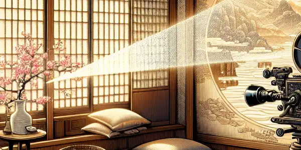 A cozy, dimly lit room featuring a vintage film projector, showcasing Japanese and Korean adult film imagery.