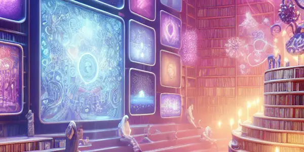 A whimsical library filled with giant books and screens, showcasing diverse characters exploring adult entertainment resources.