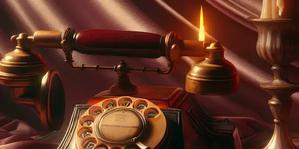 A vintage telephone and headphones on a wooden table, surrounded by candlelight and silk sheets, creating an intimate atmosphere.