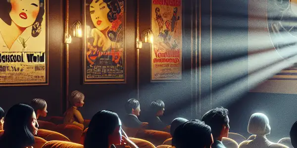 A dimly lit film screening room with diverse viewers, vintage projector, and art nouveau decor, evoking cinematic sensuality.