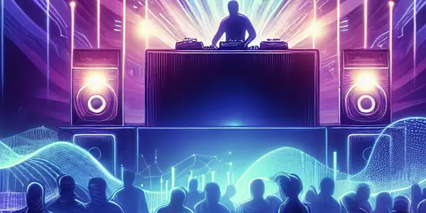 A vibrant nightclub scene featuring a dynamic DJ, passionate couples dancing, and colorful neon lights creating an intimate atmosphere.