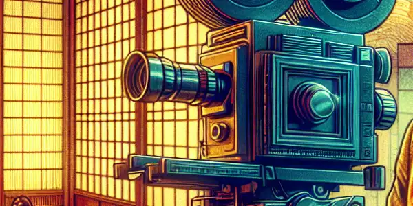 A charismatic Japanese AV star performs on a modern film set, blending traditional and contemporary aesthetics.