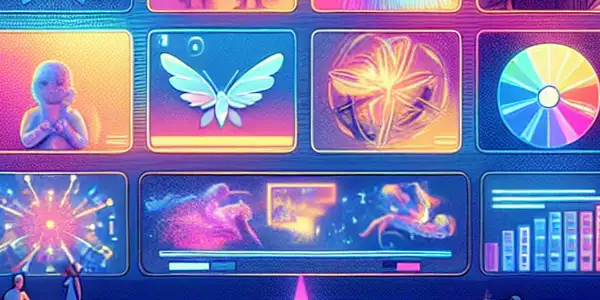 A modern digital landscape featuring adults exploring vibrant thumbnails of Japanese adult films on high-tech computer screens.