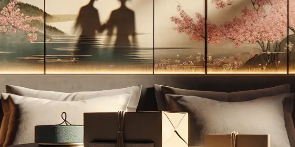 A stylish upscale bedroom featuring premium condoms, cherry blossom motifs, and playful silhouettes, evoking intimacy and connection.