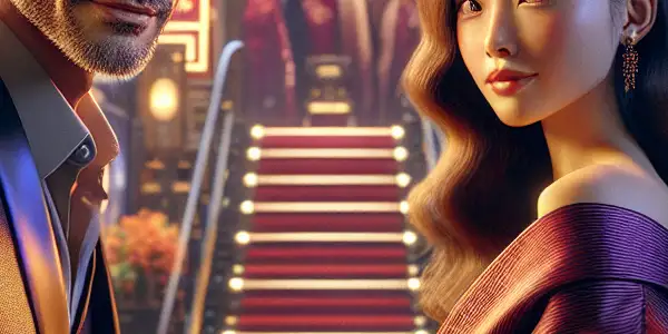 A charismatic male and female actor in a luxurious film studio, exuding romance and allure in 2026.