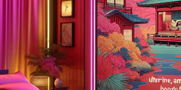 A vibrant neon-lit bedroom featuring a stylish box of "Speed AV Condoms" amid playful Japanese AV elements.