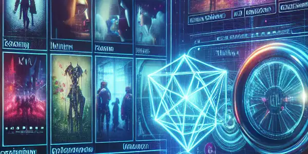 A futuristic search interface for Japanese adult films, featuring vibrant colors, movie thumbnails, and privacy elements.