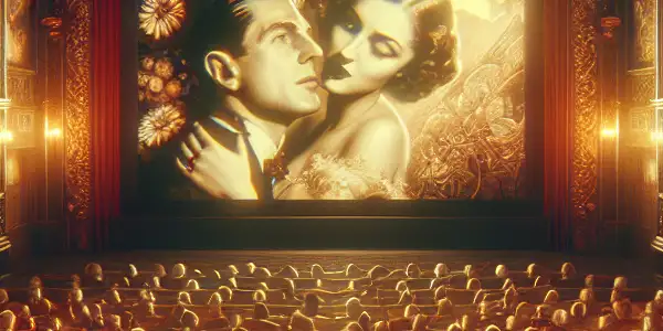 A dimly lit cinema filled with diverse viewers engrossed in a classic erotic film, surrounded by romantic decor.