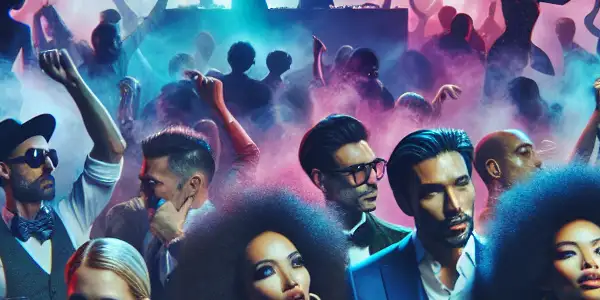 A lively nightclub scene with diverse people dancing, enjoying drinks, and a DJ amidst colorful lights and smoke.