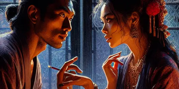 A dimly lit room with two figures expressing emotional conflict and desire, surrounded by candles and luxurious fabrics.