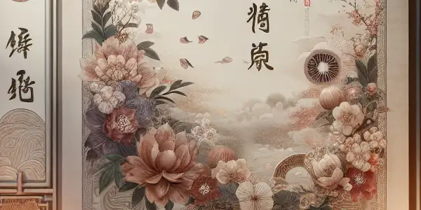 A romantic bedroom scene featuring a traditional Chinese couplet scroll, illuminated by a full moon and surrounded by cherry blossoms.