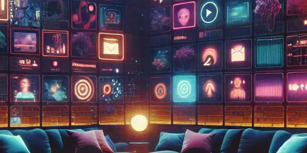 A vibrant online adult entertainment platform with diverse video categories and a cozy, inviting lounge atmosphere.