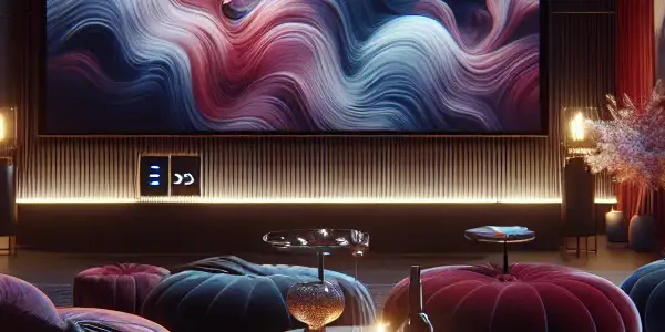 A luxurious home theater with plush seating, ambient lighting, and a large screen displaying abstract erotic visuals.