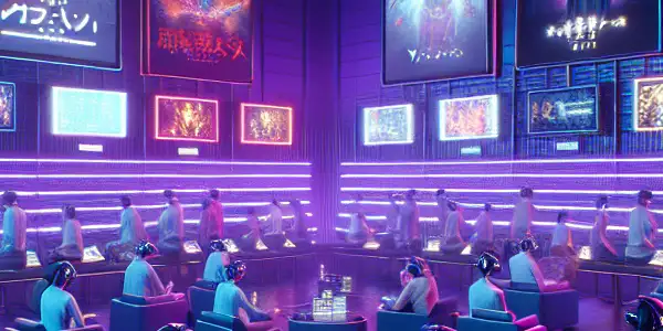 A vibrant virtual reality lounge showcasing diverse avatars discussing adult content with neon lights and holographic displays.