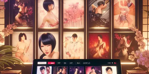 A modern digital interface showcasing vibrant thumbnails of Japanese adult films with elegant, inviting design elements.