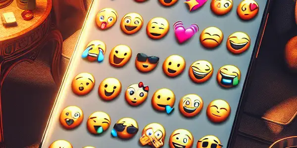 A cozy chatting space featuring a smartphone with vibrant, playful erotic emojis and a warm, inviting atmosphere.