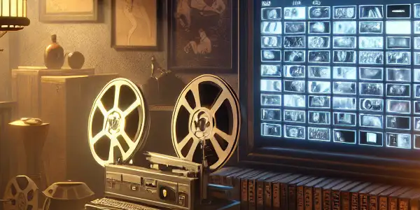 A dimly lit room filled with vintage film reels, modern devices, and hints of Japanese culture, symbolizing lost and recovered adult media.