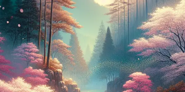 A serene hidden paradise with cherry blossom trees, a clear lake, and misty mountains inviting exploration.