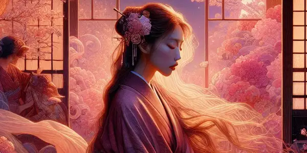 A beautiful woman in flowing garments surrounded by cherry blossoms in a dreamy, intimate setting.