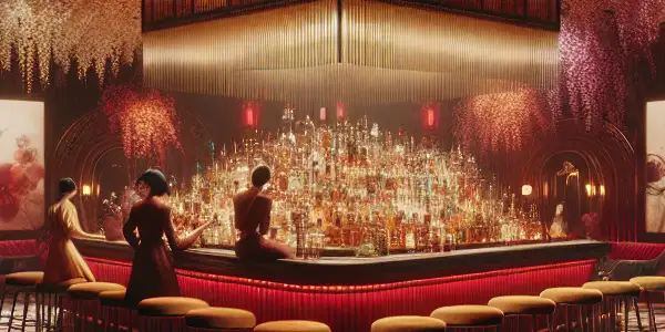 A luxurious fantasy lounge with plush seating, exotic cocktails, elegantly dressed figures, and sensual floral arrangements.