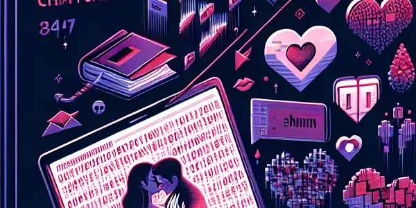 A laptop displaying sensual imagery surrounded by floating CHM files, representing erotic literature and adult content.