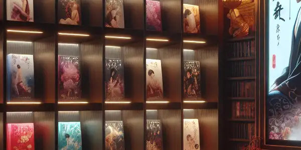 A cozy, dimly lit room featuring a bookshelf of Asian erotic novels and a screen displaying a romantic adult film.