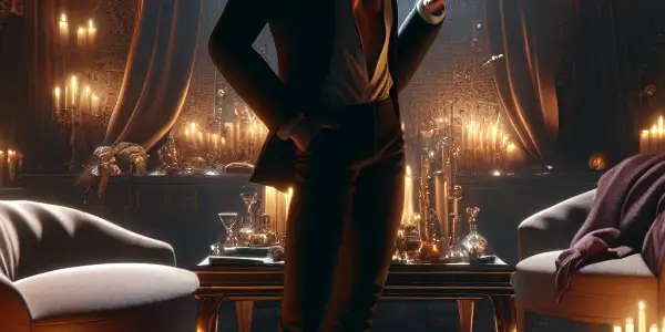 A mysterious escape room filled with luxurious decor, puzzles, and an alluring protagonist in a moment of contemplation.