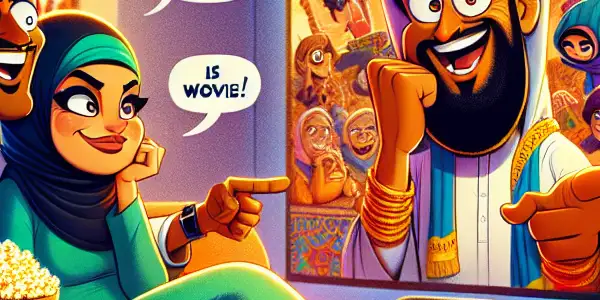 A couple humorously reacts to an exaggerated adult film in their cozy living room.