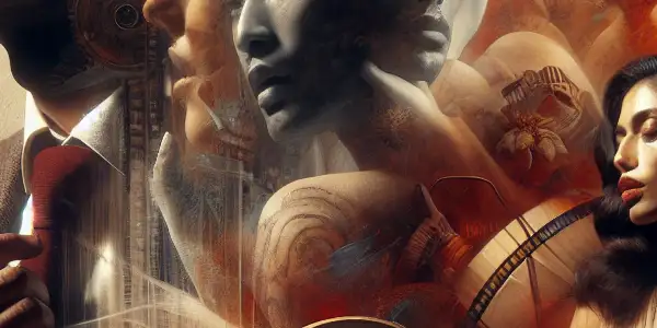 A surreal scene depicting two figures representing allure and restraint in an abstract film set, evoking themes of sexuality.